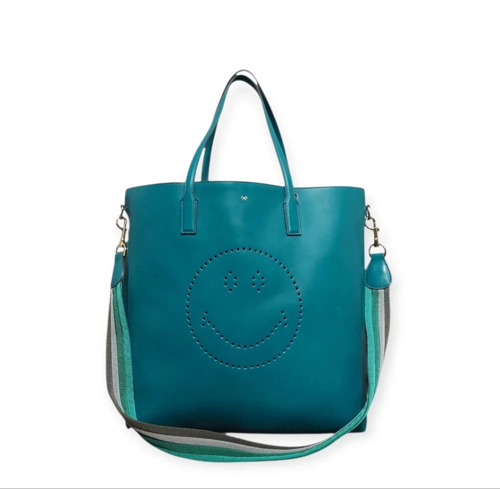 Anya Hindmarch Teal Smile Perforated Leather Tote